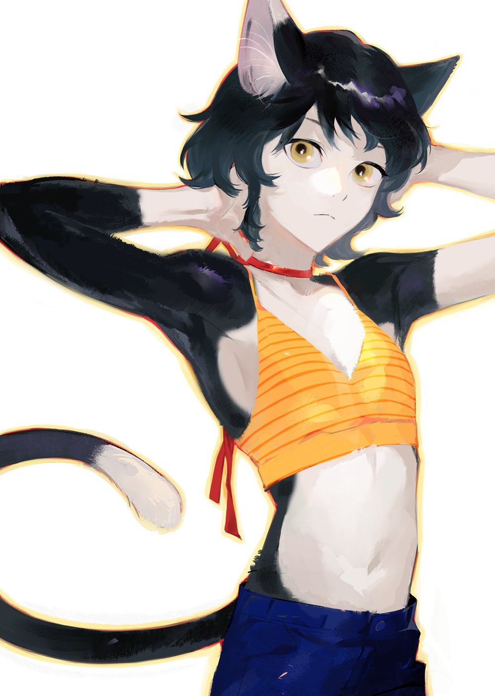 1girl, animal_ears, armpits, black_hair, cat_ears, cat_girl, cat_tail, dungeon_meshi