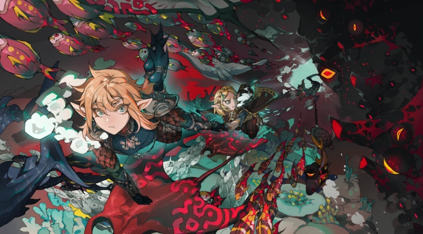 1boy, 1girl, :t, air_bubble, armor, black_cape, black_gloves, black_pants