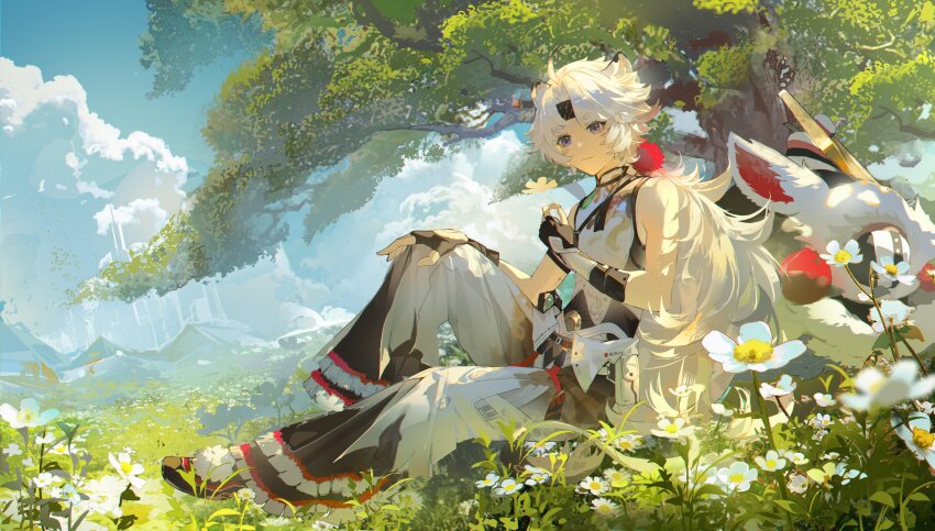 1boy, absurdres, animal_ears, black_footwear, black_gloves, blue_sky, closed_mouth, commentary