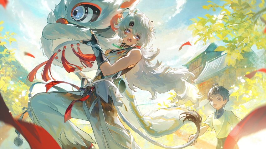 2boys, animal_ears, architecture, black_gloves, black_hair, blue_eyes, blue_sky, bolichar