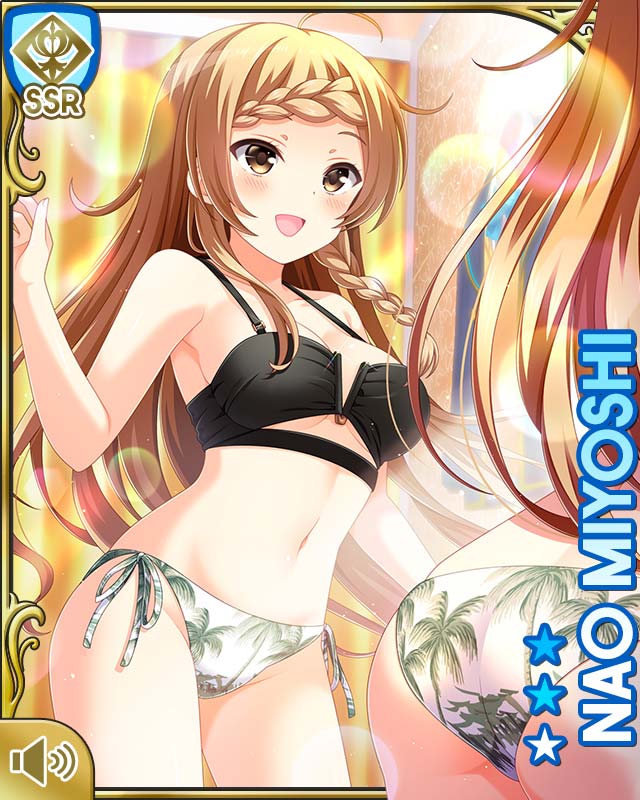 1girl, :d, ass, bikini, black_bikini, bow, braid, braided_bangs