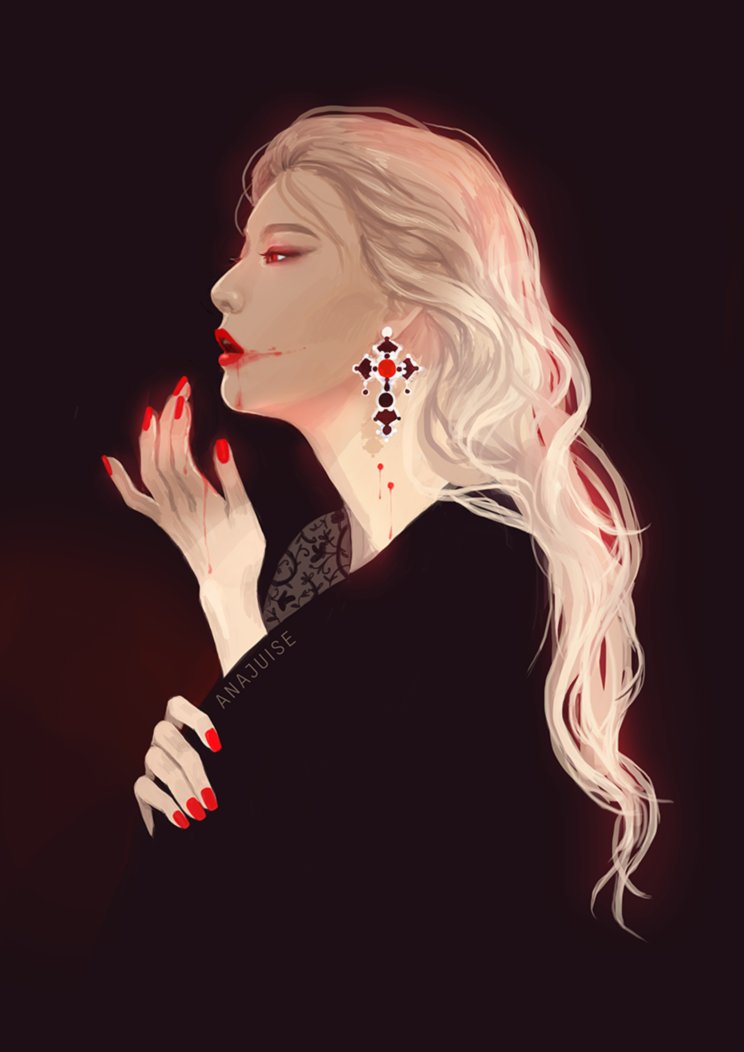 1girl, anajuise, animification, artist_name, black_background, blonde_hair, blood, blood_on_hands, blood_on_mouth, commentary, cross, cross_earrings, earrings, english_commentary, jewelry, k-pop, long_hair, open_mouth, profile, real_life, red_eyes, red_lips, red_nails, red_velvet_(group), seulgi_(red_velvet), simple_background, solo