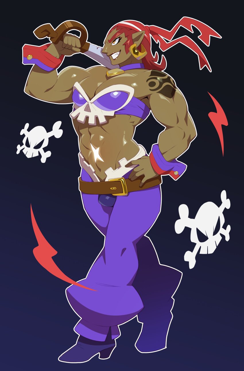 1boy, abs, absurdres, bare_shoulders, belt, brown_belt, bulge, choker