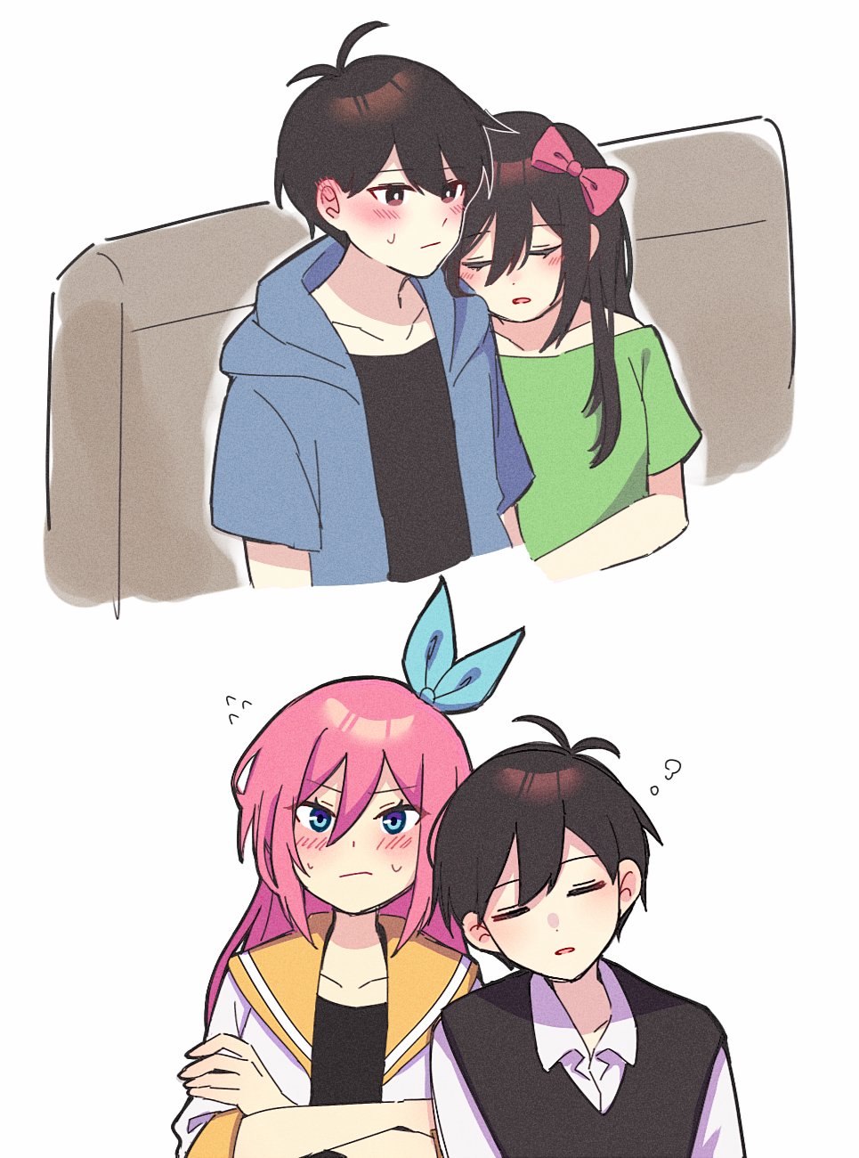 1boy, 1girl, ahoge, alternate_color, aqua_bow, aubrey_(faraway)_(omori), aubrey_(headspace)_(omori), aubrey_(omori), biyo, black_eyes, black_hair, black_shirt, black_vest, blue_hoodie, blush, bow, closed_mouth, collarbone, collared_shirt, crossed_arms, flying_sweatdrops, green_shirt, hair_between_eyes, hair_bow, head_on_another's_shoulder, highres, hood, hoodie, jacket, long_hair, off-shoulder_shirt, off_shoulder, omori, omori_(omori), open_clothes, open_hoodie, open_jacket, open_mouth, orange_sailor_collar, pink_bow, pink_hair, ribbon, sailor_collar, shirt, short_hair, simple_background, sleeping, small_sweatdrop, sunny_(omori), vest, white_background, white_jacket, white_shirt