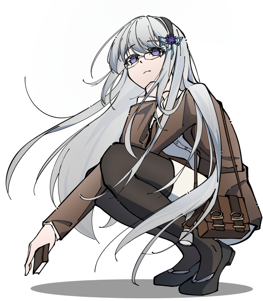 1girl, bag, bkornblume, black_footwear, black_hairband, black_pantyhose, blue_eyes, blue_flower