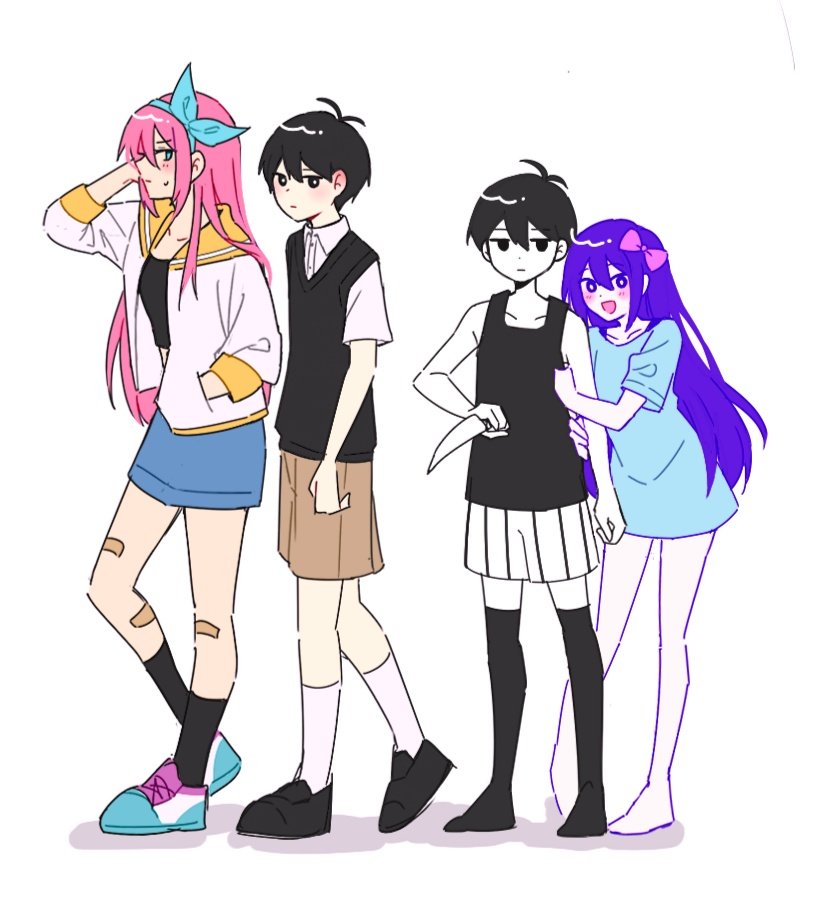 1boy, 1girl, aqua_bow, aqua_eyes, aubrey_(faraway)_(omori), aubrey_(headspace)_(omori), aubrey_(omori), bandaid, bandaid_on_leg, barefoot, biyo, black_eyes, black_hair, black_shirt, black_socks, black_vest, blue_footwear, blue_hairband, blue_shirt, blue_shorts, bow, brown_shorts, closed_mouth, collarbone, collared_shirt, expressionless, hair_bow, hairband, hand_in_own_hair, hand_in_pocket, holding, holding_another's_arm, holding_knife, jacket, jitome, knife, light_blush, long_hair, looking_at_another, off-shoulder_shirt, off_shoulder, omori, omori_(omori), open_mouth, orange_sailor_collar, orange_trim, pink_bow, pink_hair, purple_eyes, purple_hair, sailor_collar, shirt, shorts, simple_background, small_sweatdrop, smile, socks, striped_clothes, striped_shorts, sunny_(omori), vertical-striped_clothes, vertical-striped_shorts, vest, white_background, white_jacket, white_shirt, white_shorts, white_socks