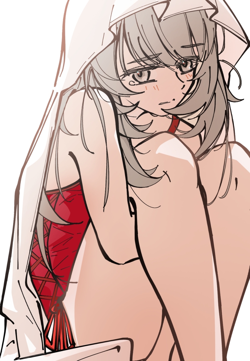 1girl, bare_arms, bare_legs, bare_shoulders, chahu_lililala, clenched_teeth, closed_mouth, crossed_ankles