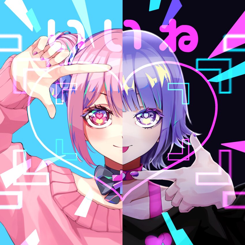 2girls, absurdres, au46_kaji, black_choker, black_shirt, blue_background, bow, bow_choker