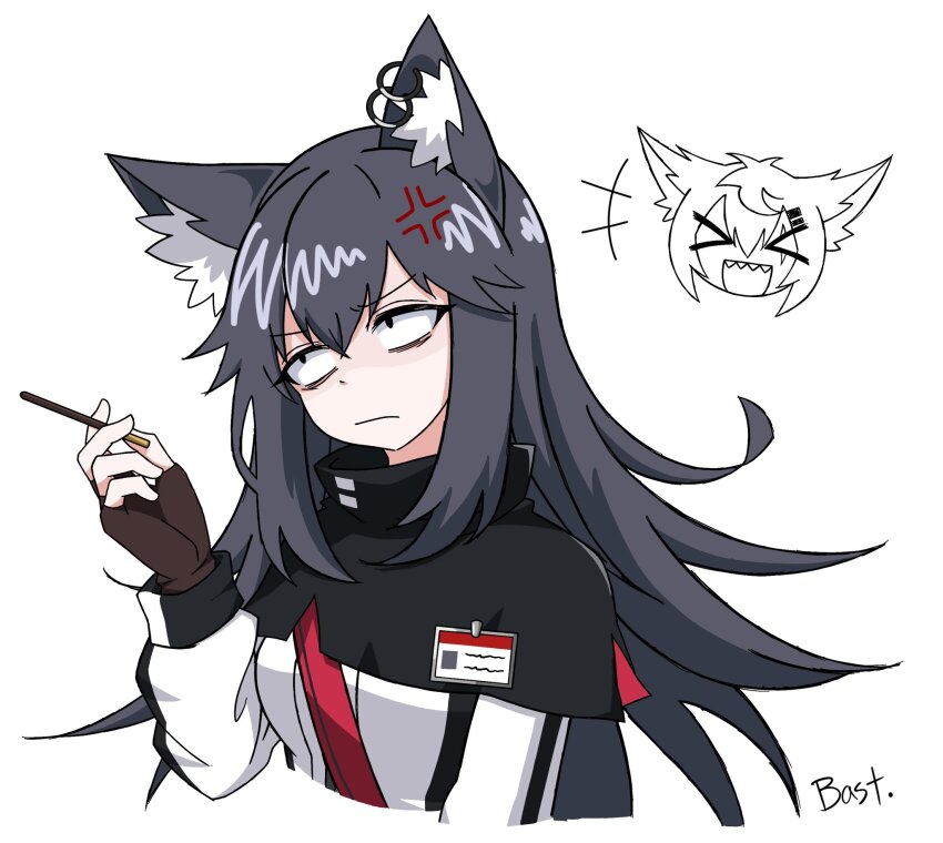 >_<, +++, 2girls, :d, anger_vein, animal_ear_fluff, animal_ears, arknights, bastetris, black_capelet, black_hair, breasts, brown_gloves, capelet, chibi, chibi_inset, closed_mouth, commentary, ear_piercing, fingerless_gloves, food, gloves, hair_between_eyes, hair_ornament, hairclip, highres, holding, holding_food, jacket, lappland_(arknights), long_hair, long_sleeves, multiple_girls, open_mouth, piercing, pocky, puffy_long_sleeves, puffy_sleeves, sharp_teeth, signature, simple_background, small_breasts, smile, solo_focus, teeth, texas_(arknights), upper_body, white_background, white_jacket, xd