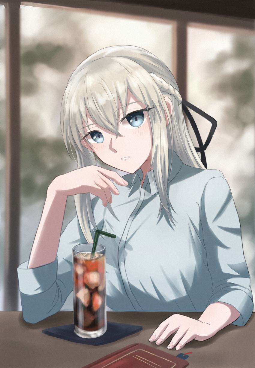 1girl, absurdres, blue_eyes, blush, book, braid, breasts, closed_mouth, coffee_mug, collared_shirt, cup, fate/grand_order, fate_(series), grey_hair, half_up_braid, highres, large_breasts, long_hair, long_sleeves, looking_at_viewer, morgan_le_fay_(fate), mug, ponytail, shirt, sidelocks, solo, user_neks5523, very_long_hair