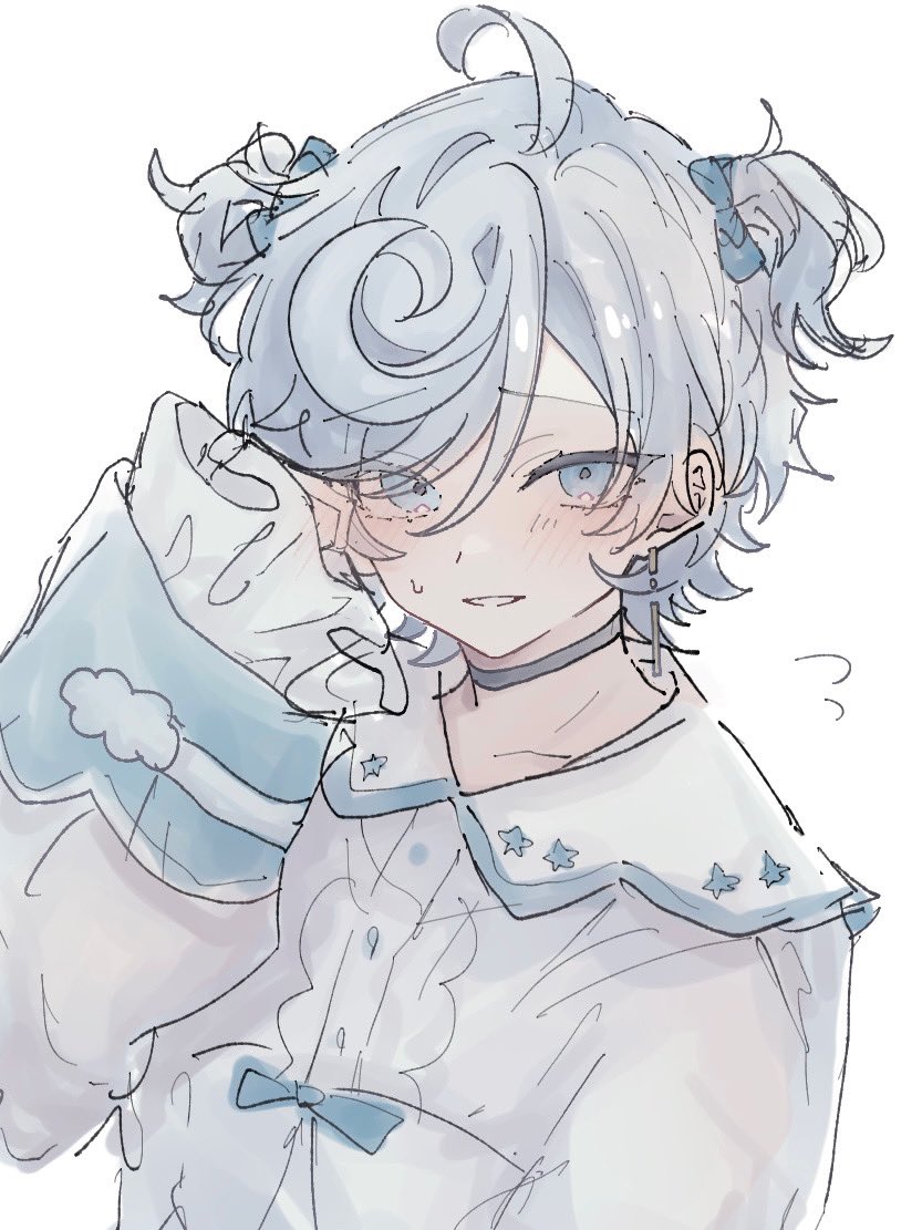 1boy, ahoge, black_choker, blue_bow, bow, choker, cielomort_(fragaria_memories), earrings, floating_earrings, fragaria_memories, grey_background, grey_hair, hair_bow, jewelry, long_sleeves, male_focus, shirt, short_hair, short_twintails, simple_background, smile, solo, star_(symbol), teeth, trap, twintails, white_shirt, yukimi5daifuku