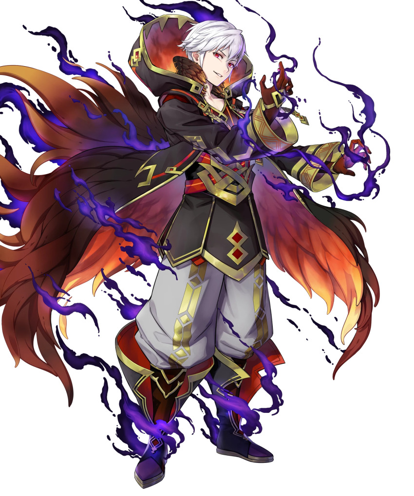1boy, black_coat, brown_gloves, coat, fire_emblem, fire_emblem_awakening, fire_emblem_heroes, gloves, highres, hood, hooded_coat, looking_at_viewer, male_robin_(fire_emblem), male_robin_(grima)_(fire_emblem), male_robin_(grima)_(resplendent)_(fire_emblem), nintendo, non-web_source, official_alternate_costume, official_art, possessed, red_eyes, smile, solo, tachi-e, white_hair