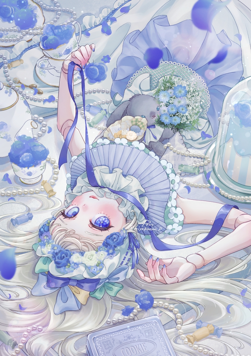 1girl, absurdres, blue_eyes, bonnet, candy, cup, doll_joints, dress