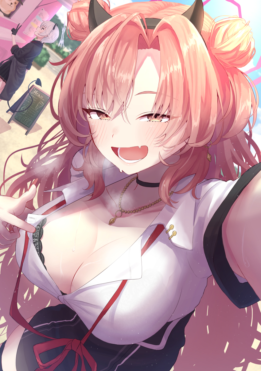 2girls, :d, absurdres, arm_up, black_bra, black_choker, black_coat, black_gloves