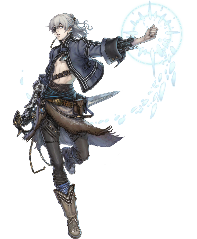 1boy, :o, abs, androgynous, aq_interactive, armor, beads, belt, belt_buckle, belt_pouch, blue_eyes, boots, braid, buckle, chain, clenched_hand, cowboy_boots, eyepatch, fighting_stance, fujisaka_kimihiko, full_body, fur_trim, gauntlets, grey_hair, hair_between_eyes, hair_ornament, half_updo, ice, jacket, jewelry, leg_lift, long_hair, looking_at_viewer, magic, male_focus, midriff, mistwalker, navel, necklace, nintendo, official_art, open_clothes, open_mouth, open_shirt, outstretched_arm, pants, pectorals, pendant, ponytail, pouch, running, shirt, short_hair, side_braid, sleeves_rolled_up, solo, standing, standing_on_one_leg, steampunk, strap, sword, the_last_story, transparent_background, turtleneck, weapon, white_background, wide_sleeves, yuris_(the_last_story)