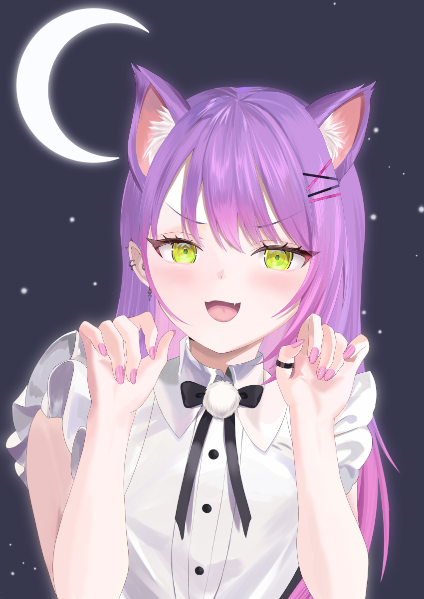 1girl, 774norango, absurdres, animal_ear_fluff, animal_ears, barbell_piercing, black_background, black_ribbon