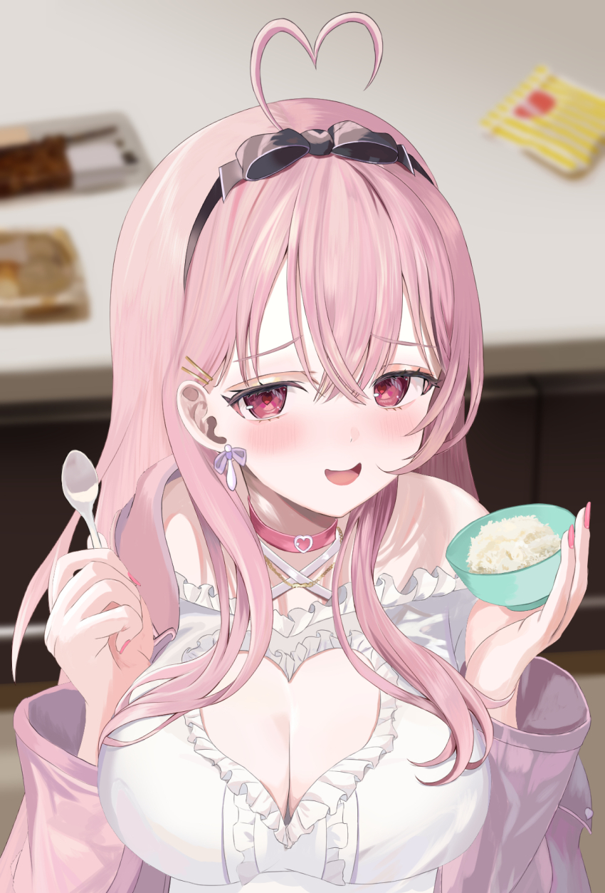 1girl, 774norango, ahoge, alternate_costume, aogiri_koukou, black_hairband, blush, bowl