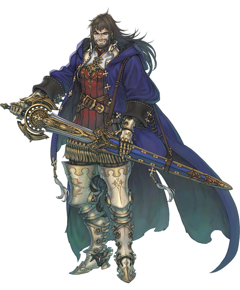 1boy, aq_interactive, armor, beard, belt, black_hair, boots, brown_eyes, brown_hair, cape, coat, cross, earrings, facial_hair, fujisaka_kimihiko, full_body, gauntlets, general_trista_(the_last_story), gloves, greaves, jewelry, long_hair, looking_at_viewer, male_focus, mistwalker, nintendo, official_art, open_clothes, open_coat, sheath, sleeves_rolled_up, smile, solo, standing, strap, sword, tassel, the_last_story, thigh_boots, thighhighs, transparent_background, trench_coat, turtleneck, unsheathing, weapon