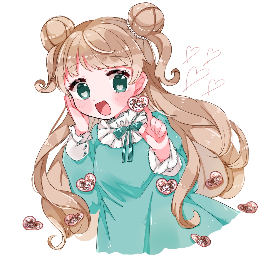 1girl, :d, bad_source, blue_dress, blue_ribbon, brown_hair, collared_dress, cowboy_shot