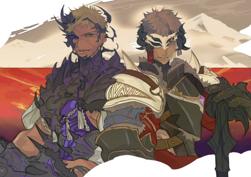 2boys, armor, artist_name, blonde_hair, breastplate, brown_hair, crimzon_ruze, dark_skin