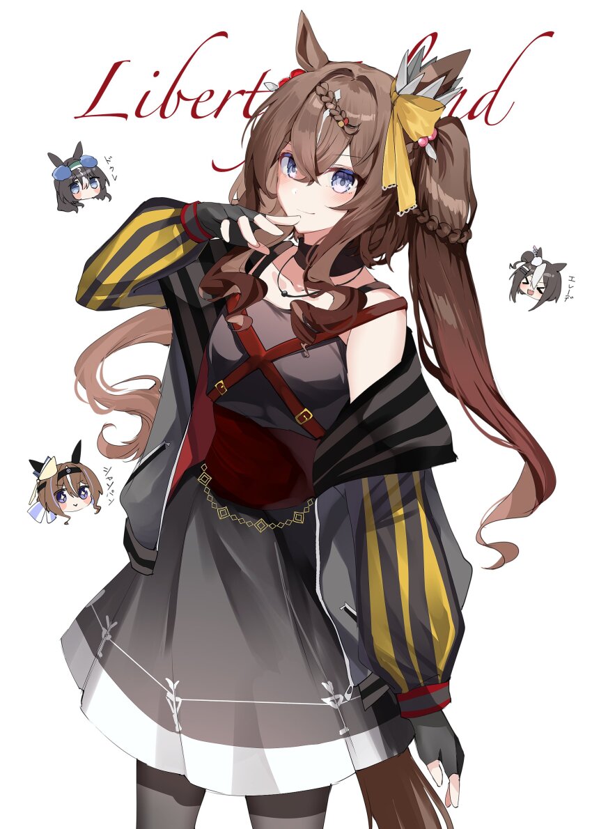 4girls, absurdres, animal_ears, black_dress, black_jacket, blue_eyes, bow, brown_hair