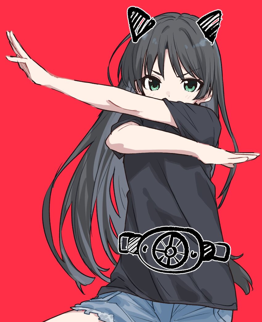 1girl, black_shirt, blue_shorts, character_request, copyright_request, denim, denim_shorts, drawn_ears