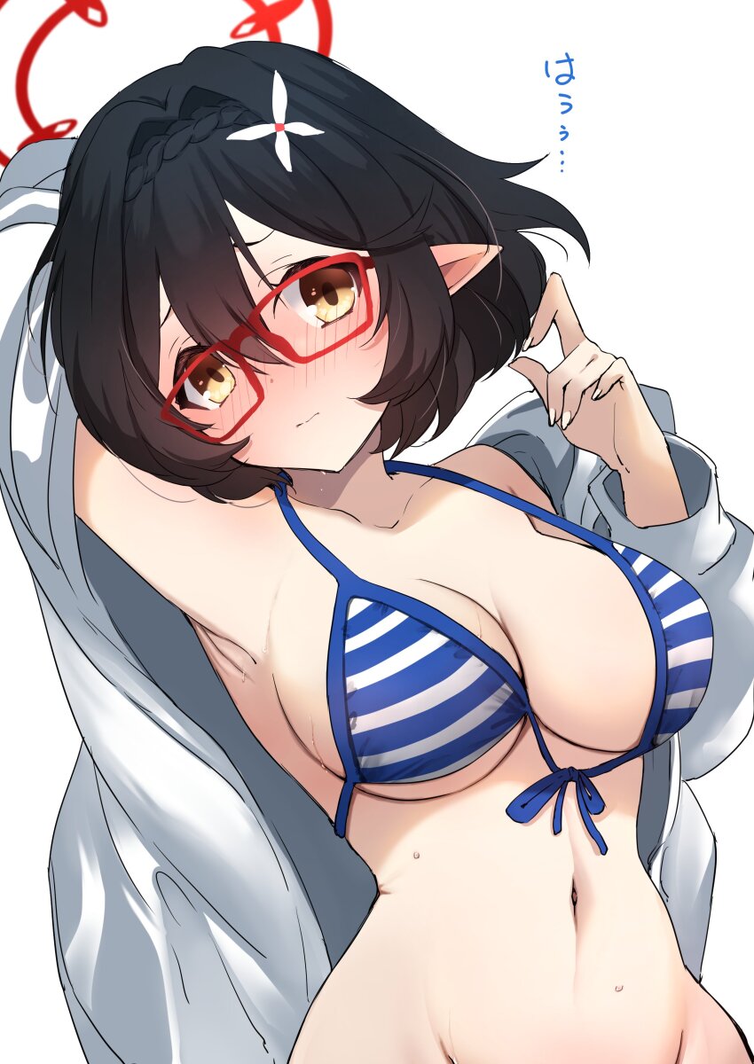 1girl, absurdres, ayane_(blue_archive), ayane_(swimsuit)_(blue_archive), bikini, blue_archive, blue_bikini, blush, breasts, flower, hair_flower, hair_ornament, halo, highres, large_breasts, long_sleeves, medium_hair, nail_polish, navel, official_alternate_costume, pointy_ears, red-framed_eyewear, red_halo, shirt, simple_background, solo, striped_bikini, striped_clothes, swimsuit, translated, upper_body, vent_vert_(kuuya), white_background, white_shirt, yellow_eyes