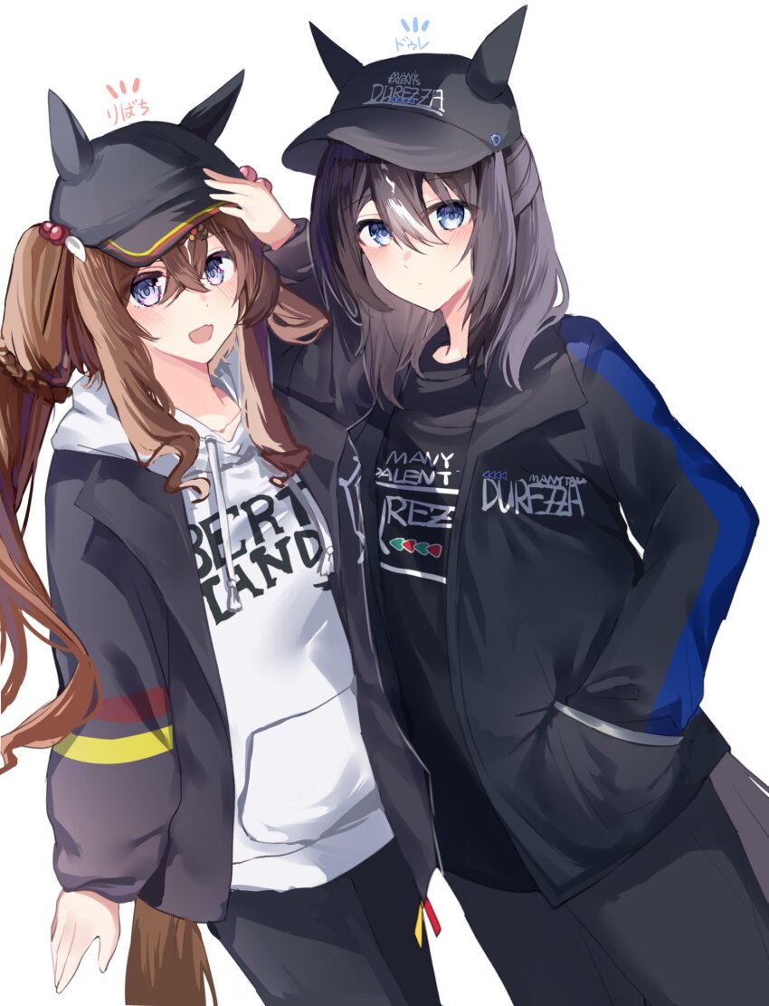 2girls, :d, baseball_cap, black_hair, black_jacket, black_pants, black_sweater, blue_eyes, blush, brown_hair, character_name, durezza_(racehorse), genderswap, genderswap_(mtf), hand_in_pocket, hat, highres, hood, hooded_sweater, hoodie, jacket, liberty_island_(racehorse), long_hair, looking_at_viewer, multicolored_hair, multiple_girls, open_mouth, original, pants, personification, sb_(akagikeai), simple_background, smile, streaked_hair, sweater, umamusume, white_background, white_hoodie, white_sweater