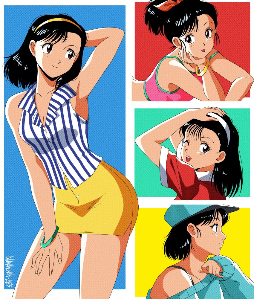 1990s_(style), 1girl, absurdres, arm_up, armpits, baseball_cap, black_eyes, black_hair, blue_background, bracelet, cardigan, commentary, crop_top, danmakuman, dated, english_commentary, fashion, gold_bracelet, green_background, green_cardigan, green_hat, hairband, hat, highres, inokuma_yawara, jewelry, looking_at_viewer, looking_to_the_side, medium_hair, miniskirt, multiple_views, off_shoulder, one_eye_closed, open_mouth, pencil_skirt, pink_tank_top, ponytail, profile, red_background, red_shirt, retro_artstyle, shirt, signature, skirt, sleeveless, sleeveless_shirt, tank_top, tongue, tongue_out, white_hairband, yawara_a_fashionable_judo_girl, yellow_background, yellow_hairband, yellow_skirt