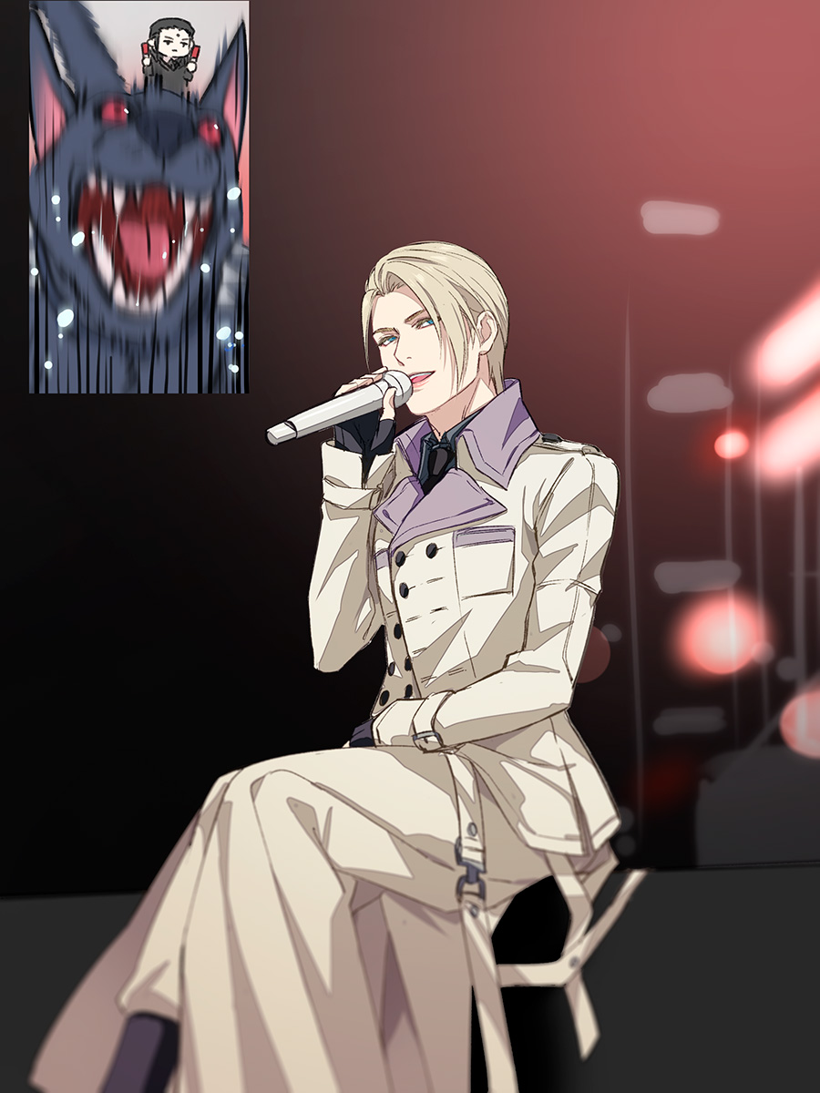 2boys, :d, black_gloves, black_hair, black_necktie, blonde_hair, blue_eyes, chibi