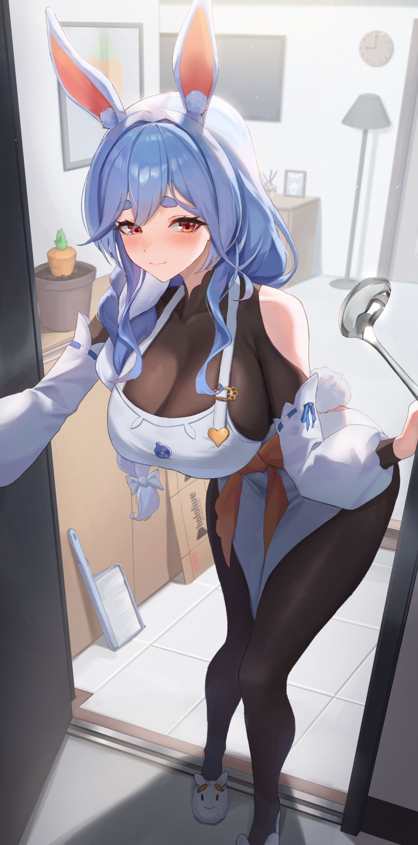 1girl, absurdres, animal_ear_fluff, animal_ears, apron, black_bodysuit, blue_hair, blush, bodystocking, bodysuit, braid, braided_ponytail, breasts, carrot, clock, curvy, doorway, hair_over_shoulder, highres, holding, holding_ladle, hololive, huge_breasts, indoors, ladle, leaning_forward, light_particles, light_smile, looking_at_viewer, mature_female, pekomama, pekomama_(1st_costume), plant, potted_plant, rabbit_ears, rabbit_girl, rabbit_tail, red_eyes, short_eyebrows, sibo, slippers, solo, tail, thick_eyebrows, tile_floor, tiles, virtual_youtuber, white_apron
