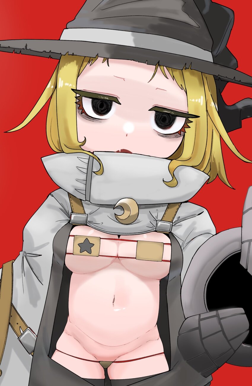 1girl, 24-year-old_student, @_@, bikini, bikini_under_clothes, black_eyes, black_hat, blonde_hair, breasts, commentary_request, cookie_(touhou), cowboy_shot, enpera, eyepatch_bikini, fang, gogogo_(cookie), grey_jacket, hat, high_collar, highres, jacket, kirisame_marisa, looking_at_viewer, medium_breasts, navel, open_mouth, red_background, revealing_clothes, scarf, short_hair, simple_background, skin_fang, solo, swimsuit, touhou, witch_hat, yellow_bikini
