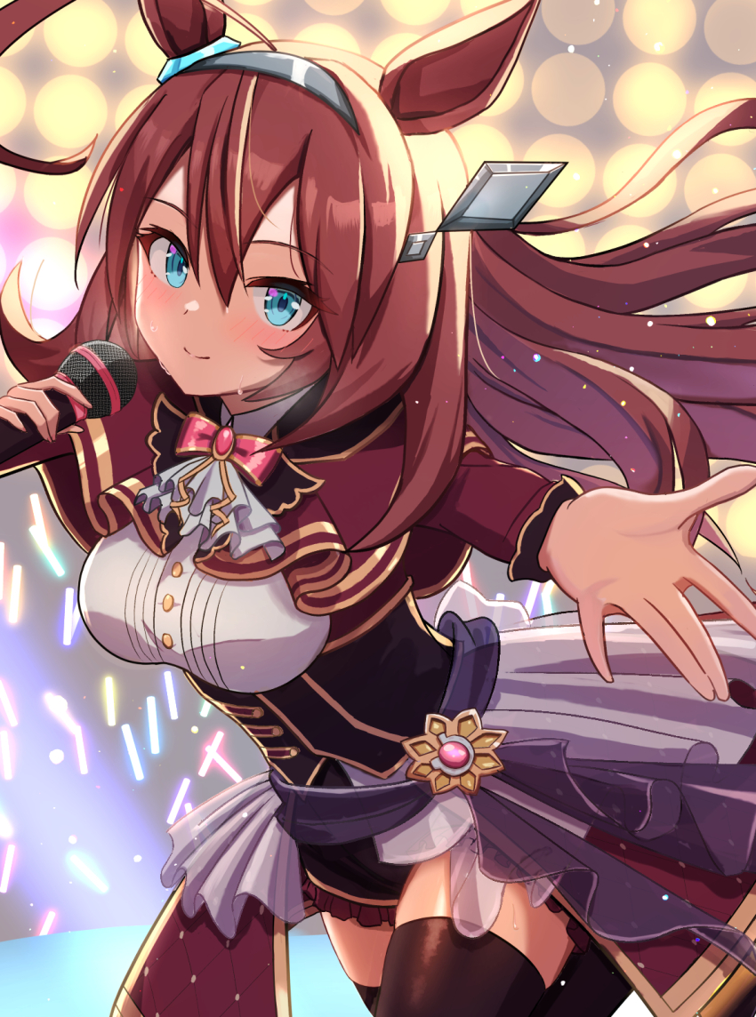 1girl, animal_ears, ascot, black_thighhighs, blue_eyes, brown_hair, capelet, commission