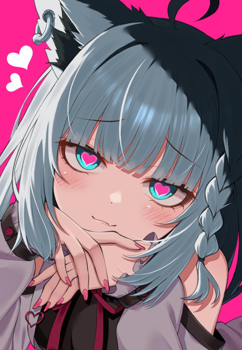 1girl, ahoge, animal_ear_fluff, animal_ears, aqua_eyes, blunt_bangs, blush, braid