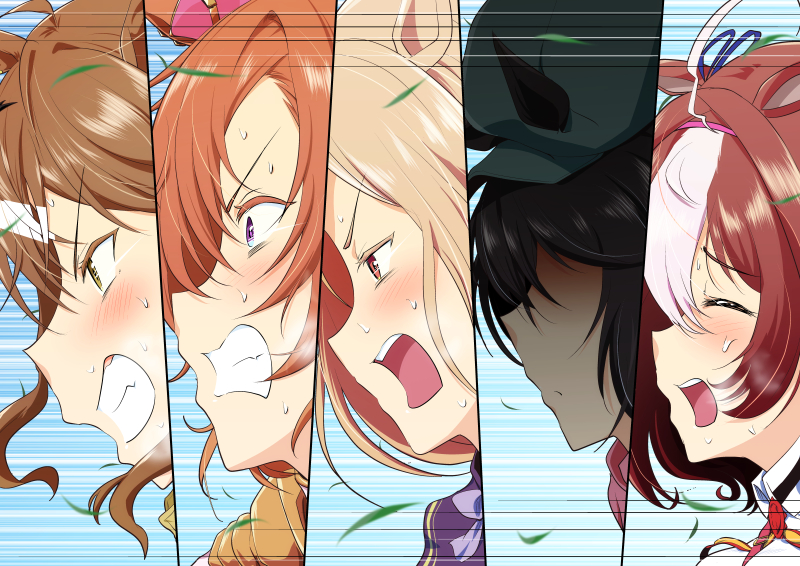 5girls, ahoge, black_hair, blonde_hair, blue_ribbon, brown_hair, newsboy_cap, close-up