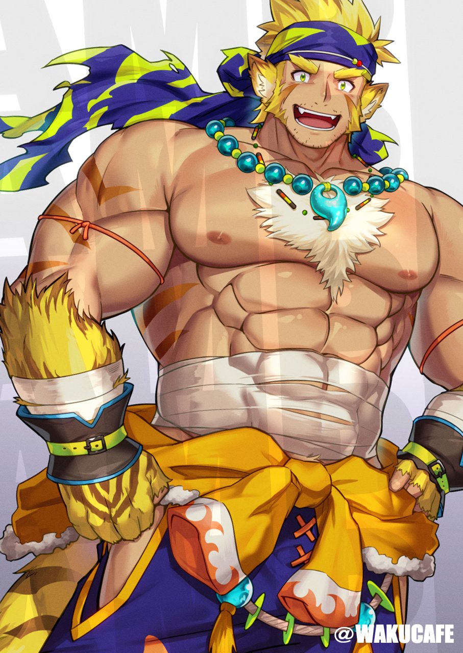 1boy, :p, abs, animal_ears, animal_hands, another_eidos-r, armlet, bandaged_arm, bandages, bara, beard_stubble, blonde_hair, blue_pants, chest_tuft, clothing_cutout, covered_abs, cowboy_shot, facial_hair, fangs, flame_print, furry, furry_male, hand_on_own_hip, headband, highres, jewelry, large_pectorals, looking_at_viewer, magatama, magatama_necklace, male_focus, midriff_sarashi, muscular, muscular_arms, muscular_male, mutton_chops, necklace, nipples, open_mouth, pants, pectorals, pugi_(another_eidos), sample_watermark, sarashi, solo, stubble, tail, thick_eyebrows, thigh_cutout, tiger_boy, tiger_ears, tiger_stripes, tiger_tail, tongue, tongue_out, topless_male, twitter_username, waku_(ayamix), watermark, yellow_eyes