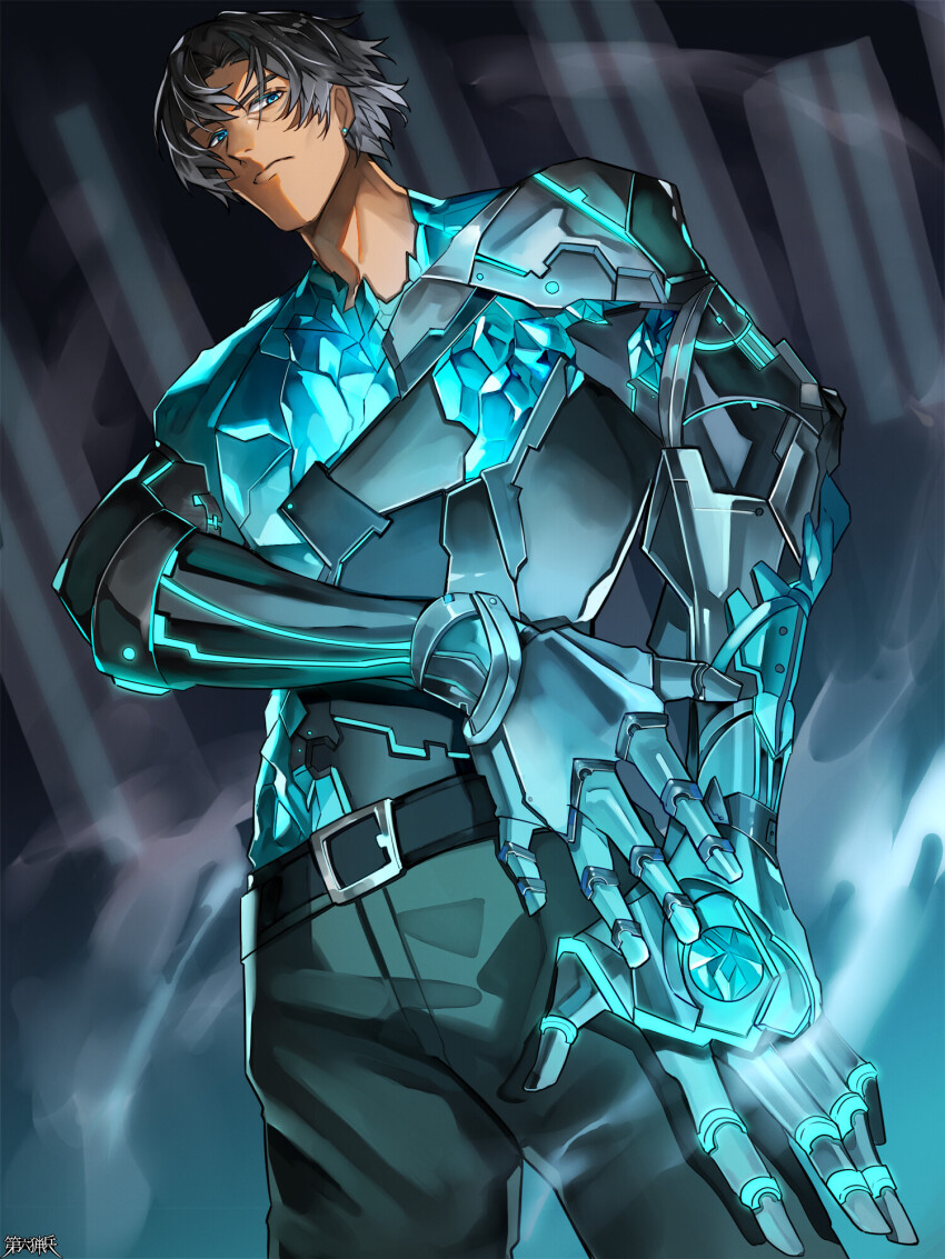 1boy, belt, black_hair, blue_eyes, copyright_name, dairoku_ryouhei, dark-skinned_male, dark_skin, earrings, frown, grey_background, highres, jewelry, male_focus, mechanical_arms, pants, rokuroku_pbw, sato_mitsuru, solo, standing, stud_earrings