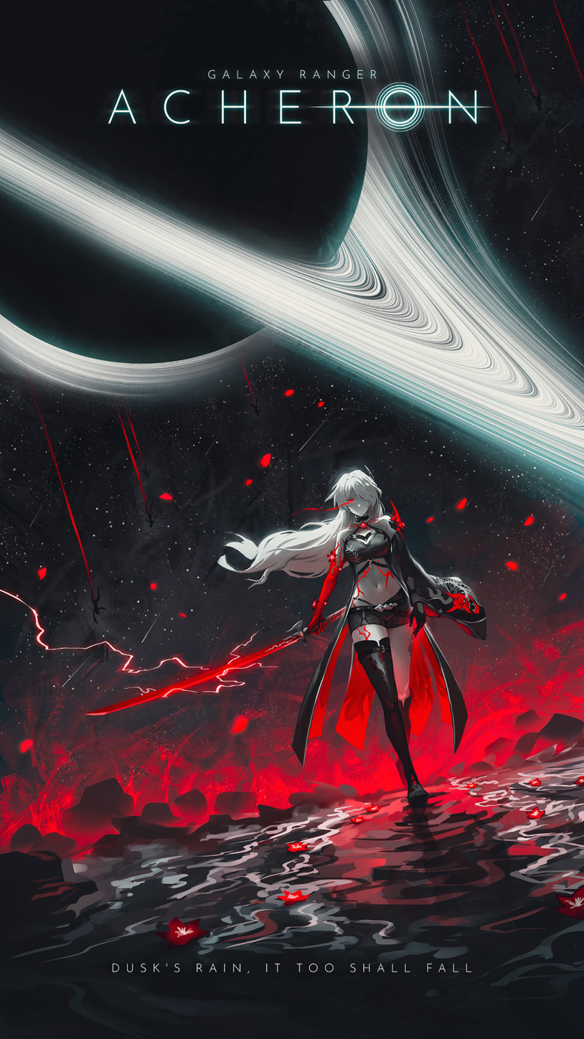 1girl, acheron_(honkai:_star_rail), armor, asymmetrical_legwear, bare_shoulders, belt, black_belt, black_choker