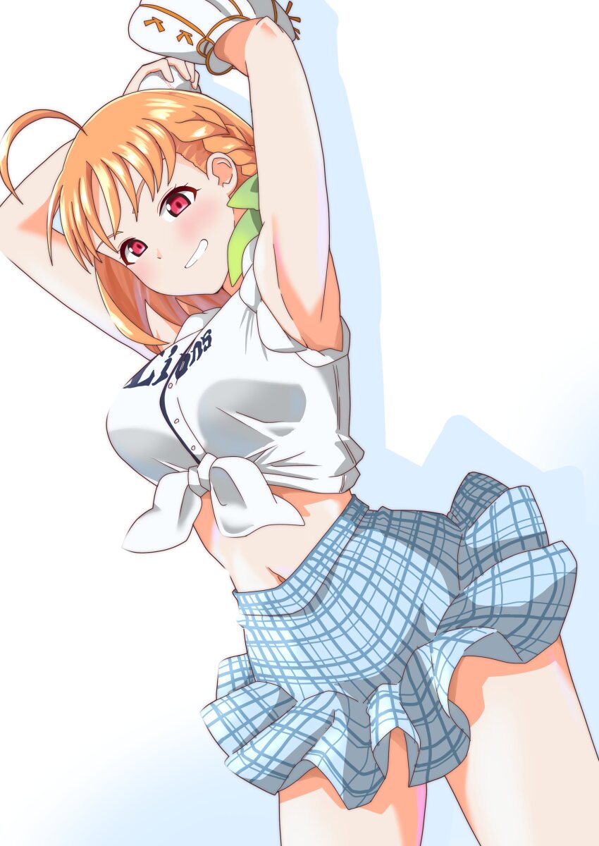 1girl, absurdres, ahoge, armpits, arms_up, ball, baseball, baseball_(object)