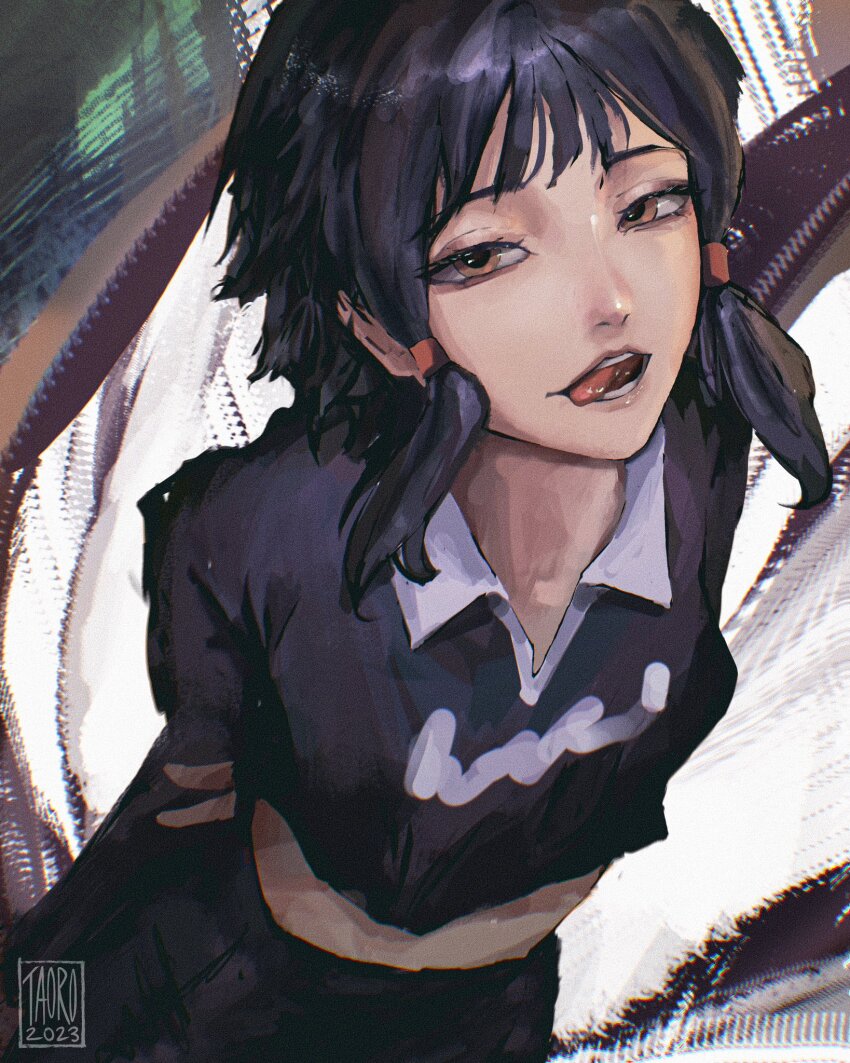 1girl, artist_name, black_hair, black_pants, chainsaw_man, crop_top, cropped_shirt, highres