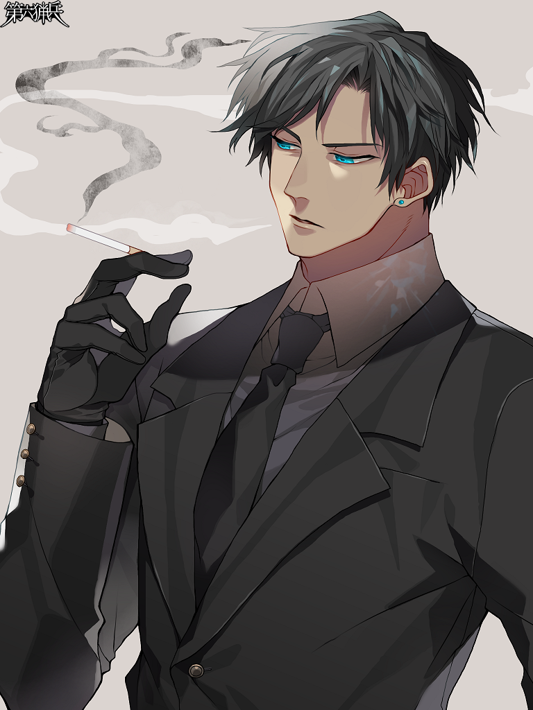 1boy, black_gloves, black_hair, black_necktie, black_suit, blue_eyes, brown_background, cigarette, copyright_name, dairoku_ryouhei, dark-skinned_male, dark_skin, formal_clothes, gloves, holding, holding_cigarette, long_sleeves, male_focus, necktie, sarada_pbw, sato_mitsuru, short_hair, smoking, solo, suit, upper_body