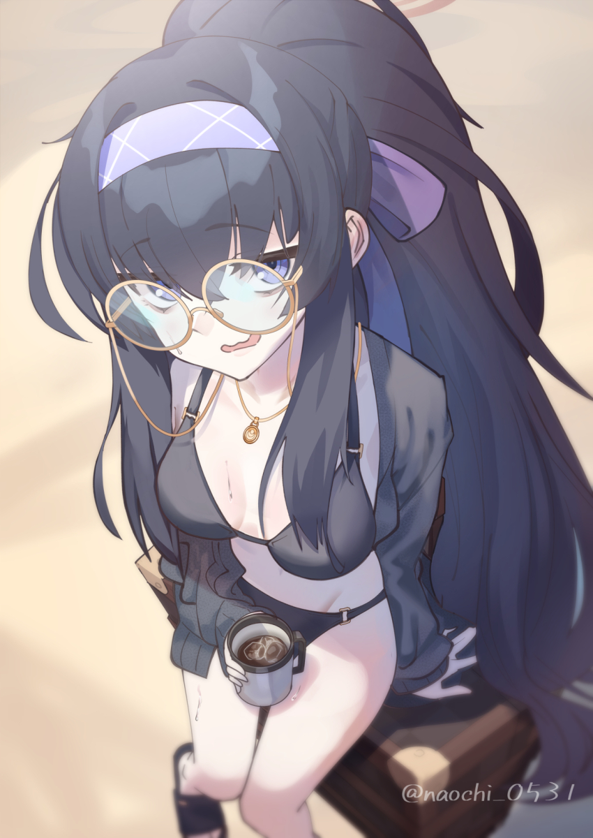 1girl, bags_under_eyes, bikini, black_bikini, black_cardigan, black_hair, blue_archive, blue_hairband