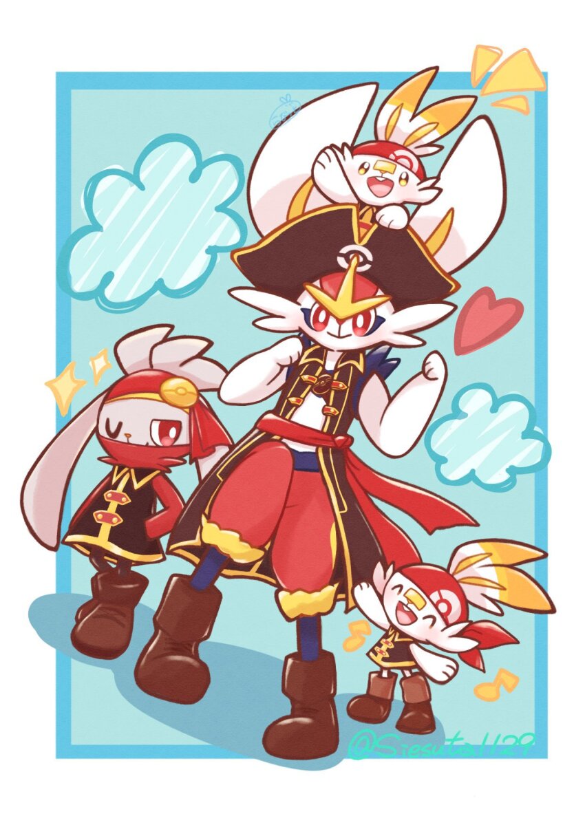 bandana, black_coat, body_fur, boots, brown_footwear, cinderace, cinderace_(captain), closed_eyes, clothed_pokemon, coat, evolutionary_line, gen_8_pokemon, gokuaku_rabbit, hand_in_pocket, heart, highres, nintendo, no_humans, official_alternate_costume, on_head, one_eye_closed, pirate_costume, pokemon, pokemon_unite, rabbit, raboot, red_bandana, red_eyes, scorbunny, sleeveless, sleeveless_coat, twitter_username, white_fur