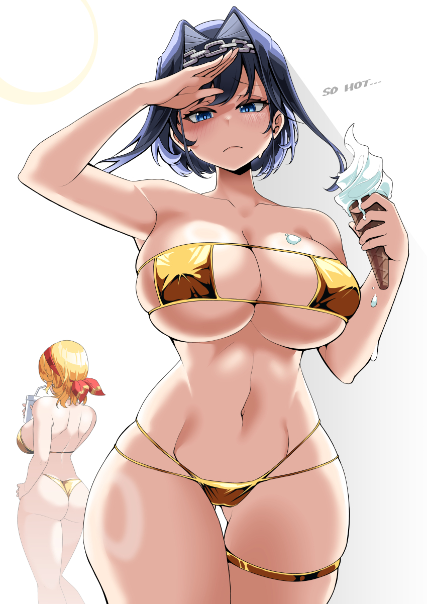 2girls, absurdres, arms_up, ass, bikini, blonde_hair, blue_eyes, blue_hair, breasts, chain, chain_headband, collarbone, cup, drinking_straw, english_text, eyepatch_bikini, food, gold_bikini, hair_intakes, hairband, highres, holding, holding_food, holding_ice_cream, hololive, hololive_english, hololive_indonesia, ice_cream, ice_cream_cone, kaela_kovalskia, large_breasts, looking_at_viewer, multiple_girls, navel, ouro_kronii, saltnvalk, short_hair, simple_background, swimsuit, virtual_youtuber, white_background