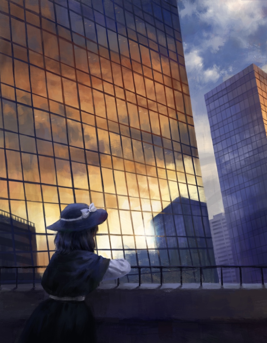1girl, absurdres, from_behind, black_hair, black_hat, black_skirt, building, city