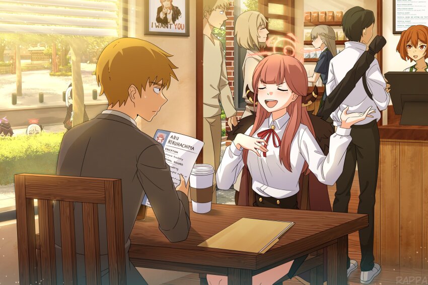 3boys, 6+girls, aru_(blue_archive), blue_archive, brother_and_sister, cafe, chainsaw_man, chair