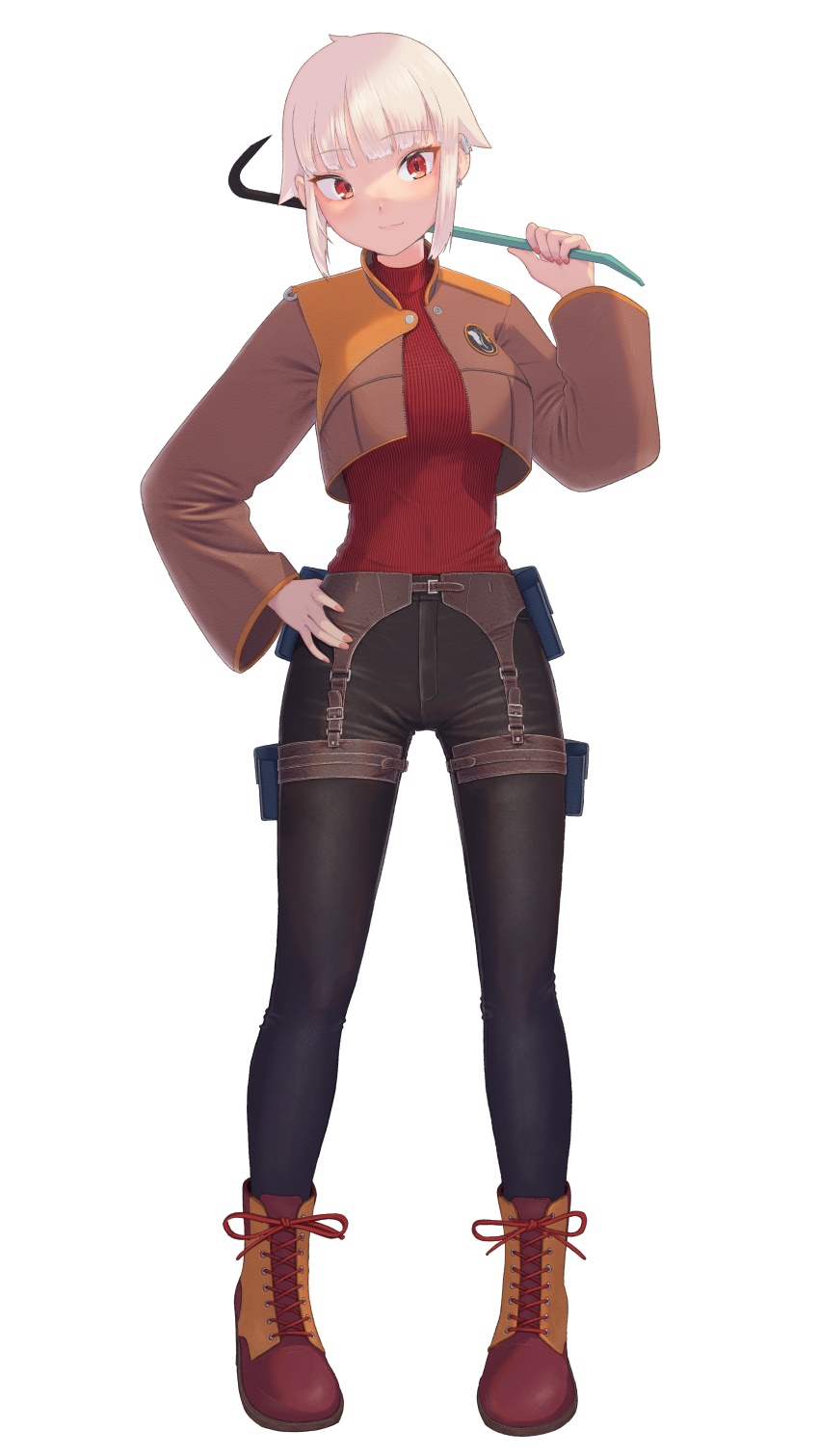 1girl, absurdres, black_pants, bob_cut, boots, brown_jacket, cropped_jacket, crowbar