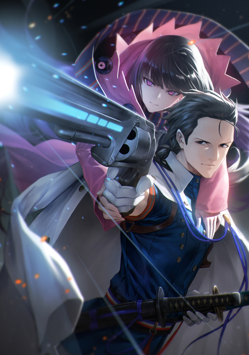 1boy, 1girl, belt, black_eyes, black_hair, blue_shirt, blunt_bangs, fate/grand_order
