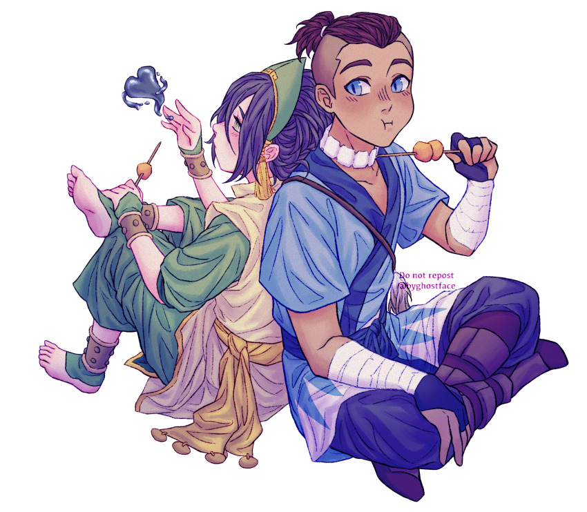 1boy, 1girl, absurdres, avatar:_the_last_airbender, avatar_legends, barefoot, blue_eyes, blush, byghostface, eating, hair_between_eyes, hair_bun, heart, high_ponytail, highres, jewelry, leaning_on_person, ponytail, sitting, slit_pupils, sokka, toph_beifong, vertical_pupils