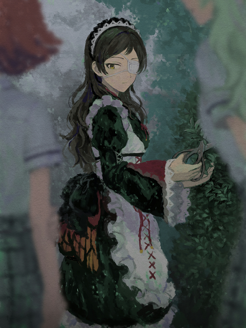 3girls, apron, beret, black_dress, black_hair, blood, blood_on_clothes, blurry